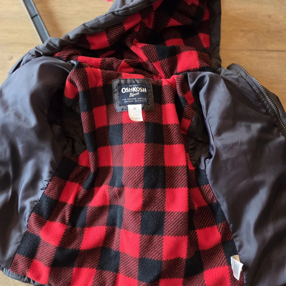 OshKosh Bgosh Boys Puffer Jacket Gray Buffalo Plaid‎ Fleece Lined Hooded Coat 4T